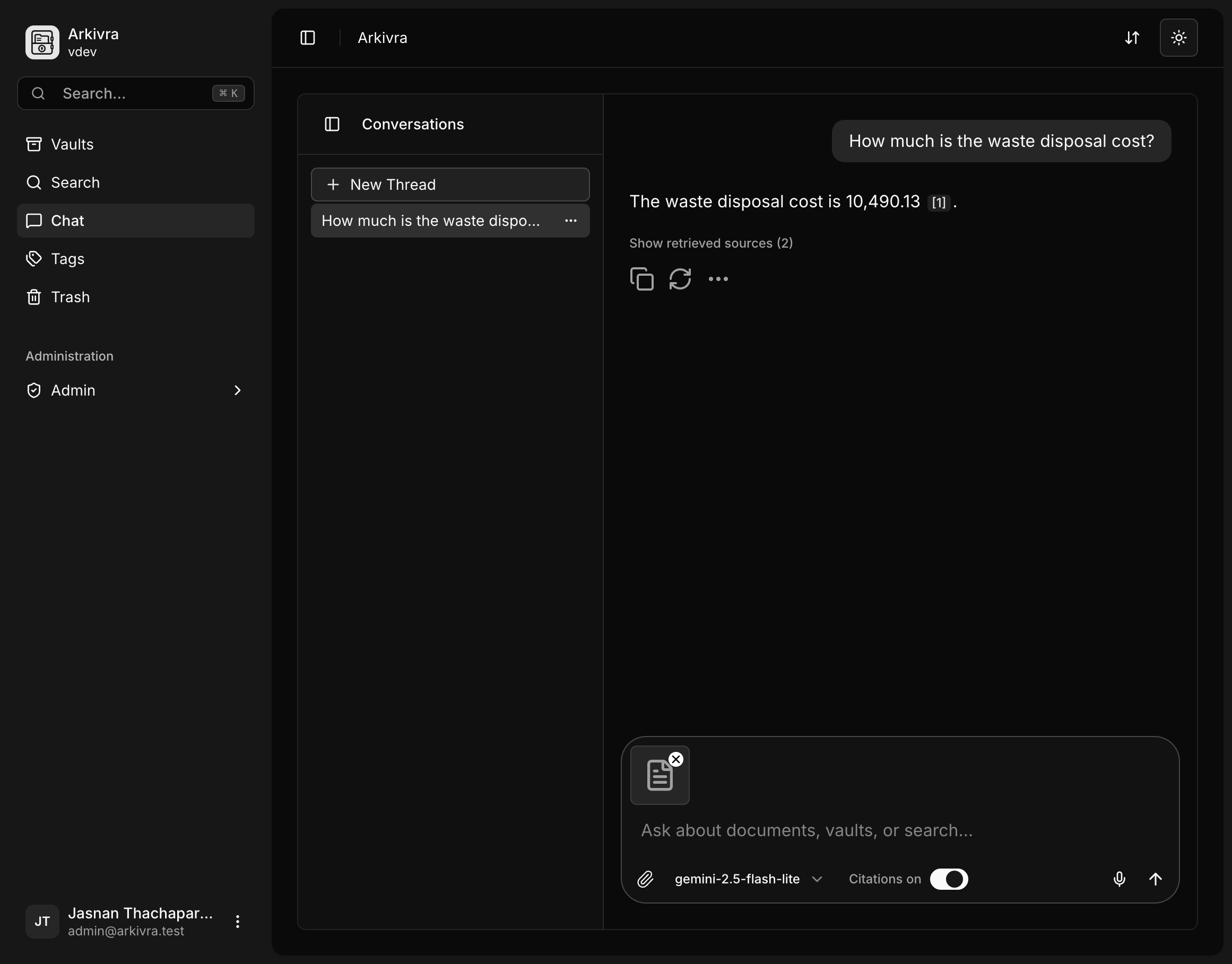Arkivra document chat and search workspace - Dark Mode