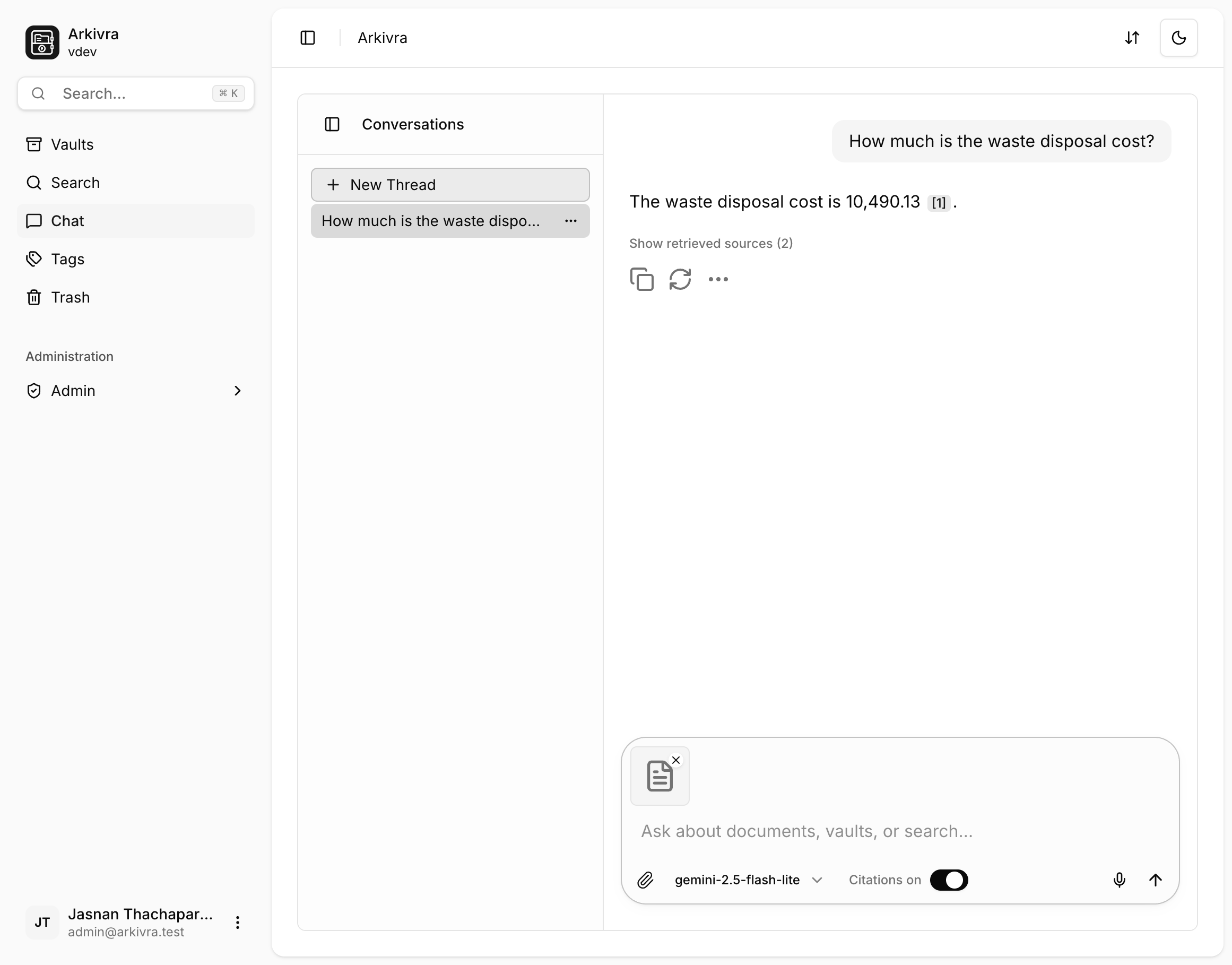 Arkivra document chat and search workspace - Light Mode