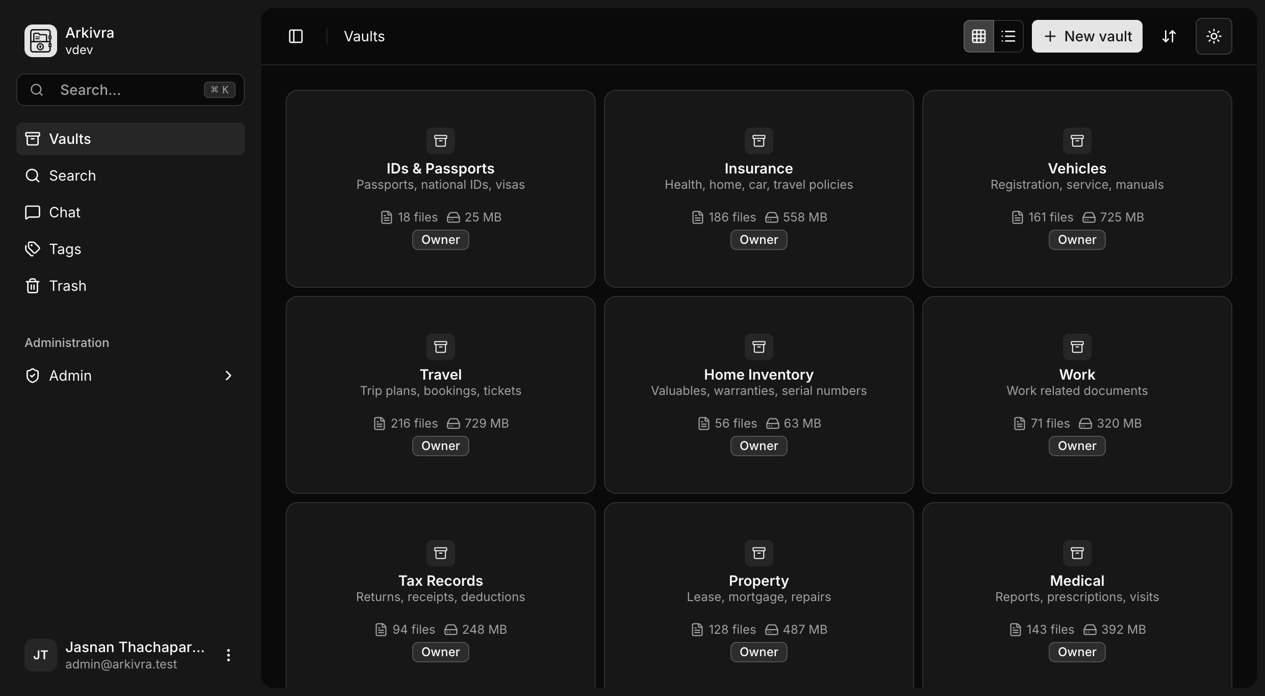 Arkivra vaults grid view