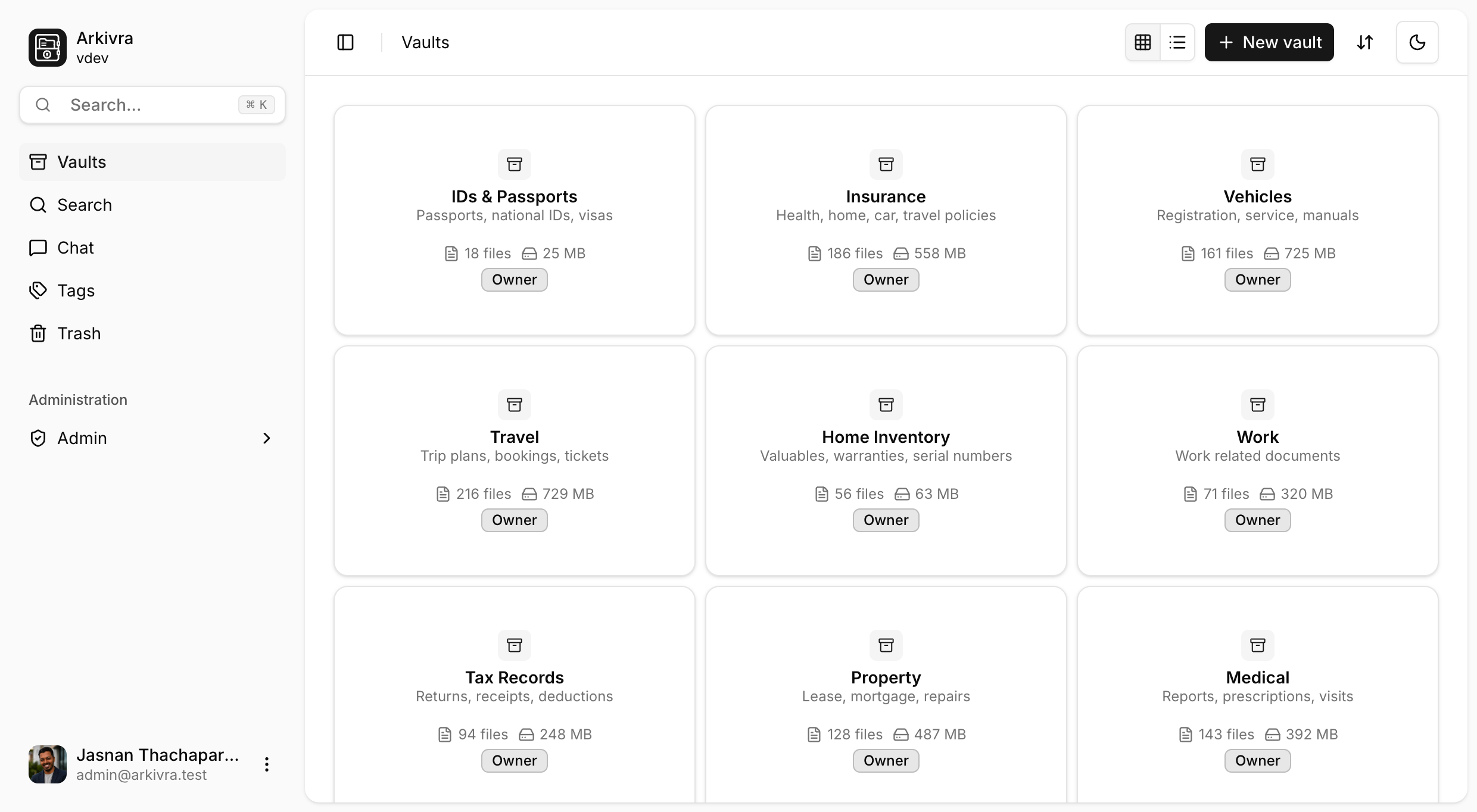 Arkivra vaults grid view