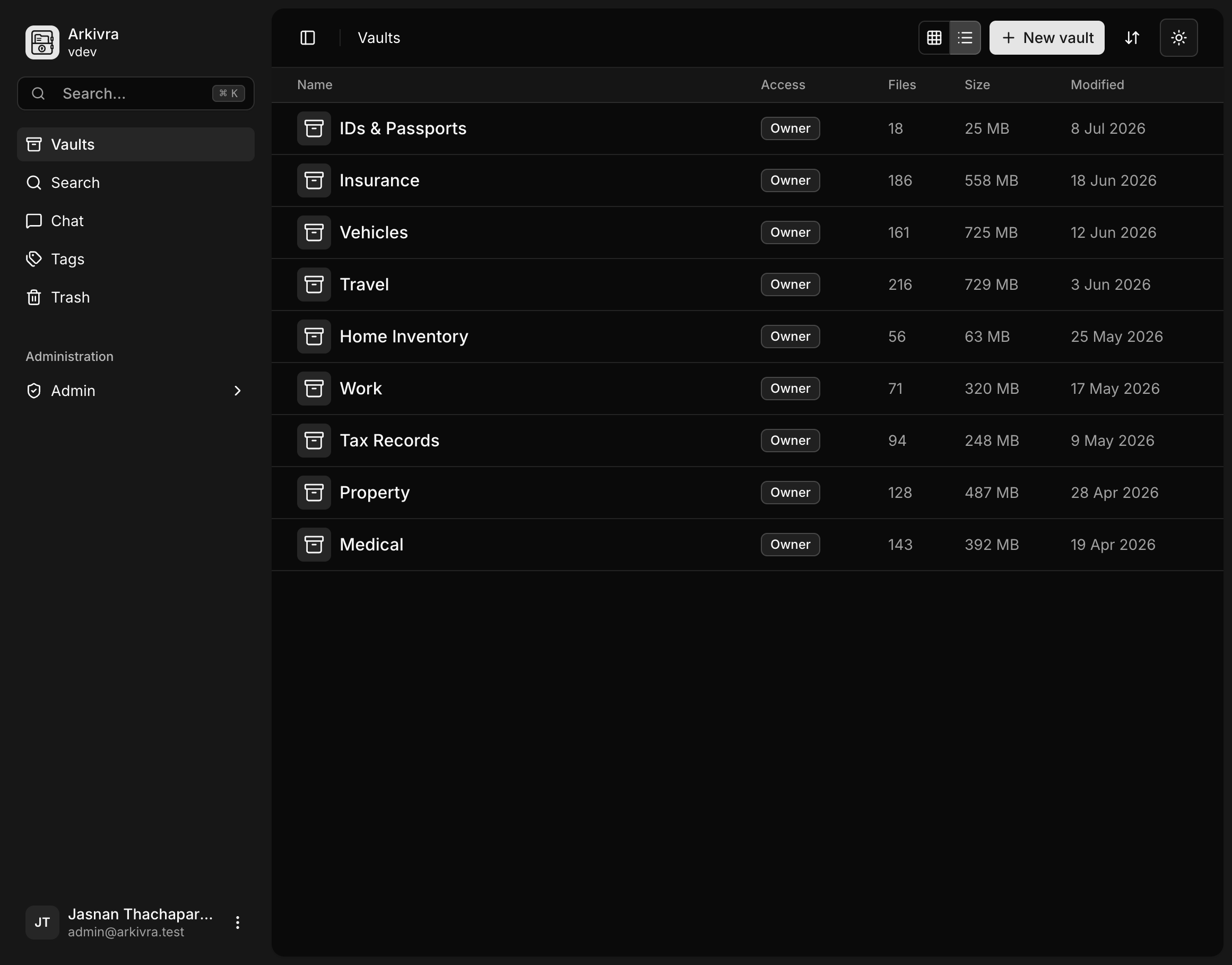 Arkivra vault list workspace - Dark Mode