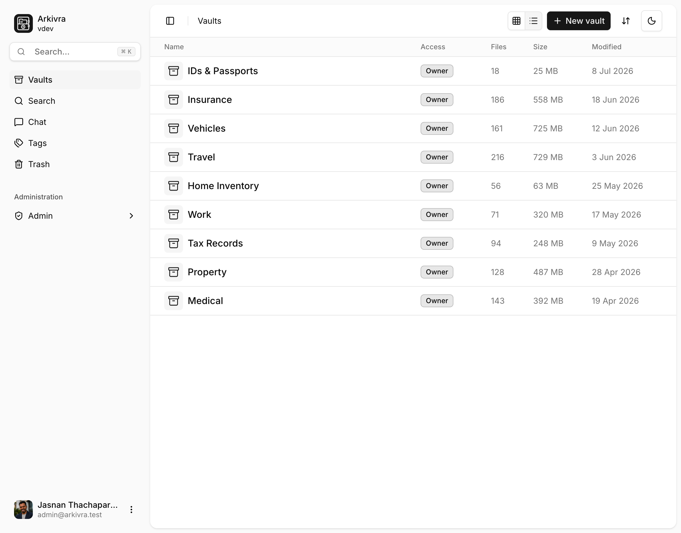Arkivra vault list workspace - Light Mode
